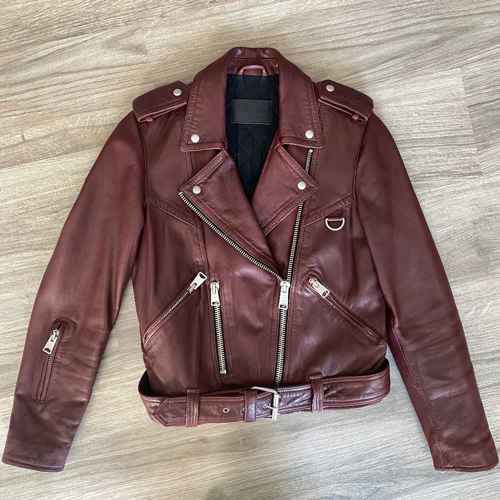 All Saints Gidley Leather Biker Jacket BORDEAUX RED